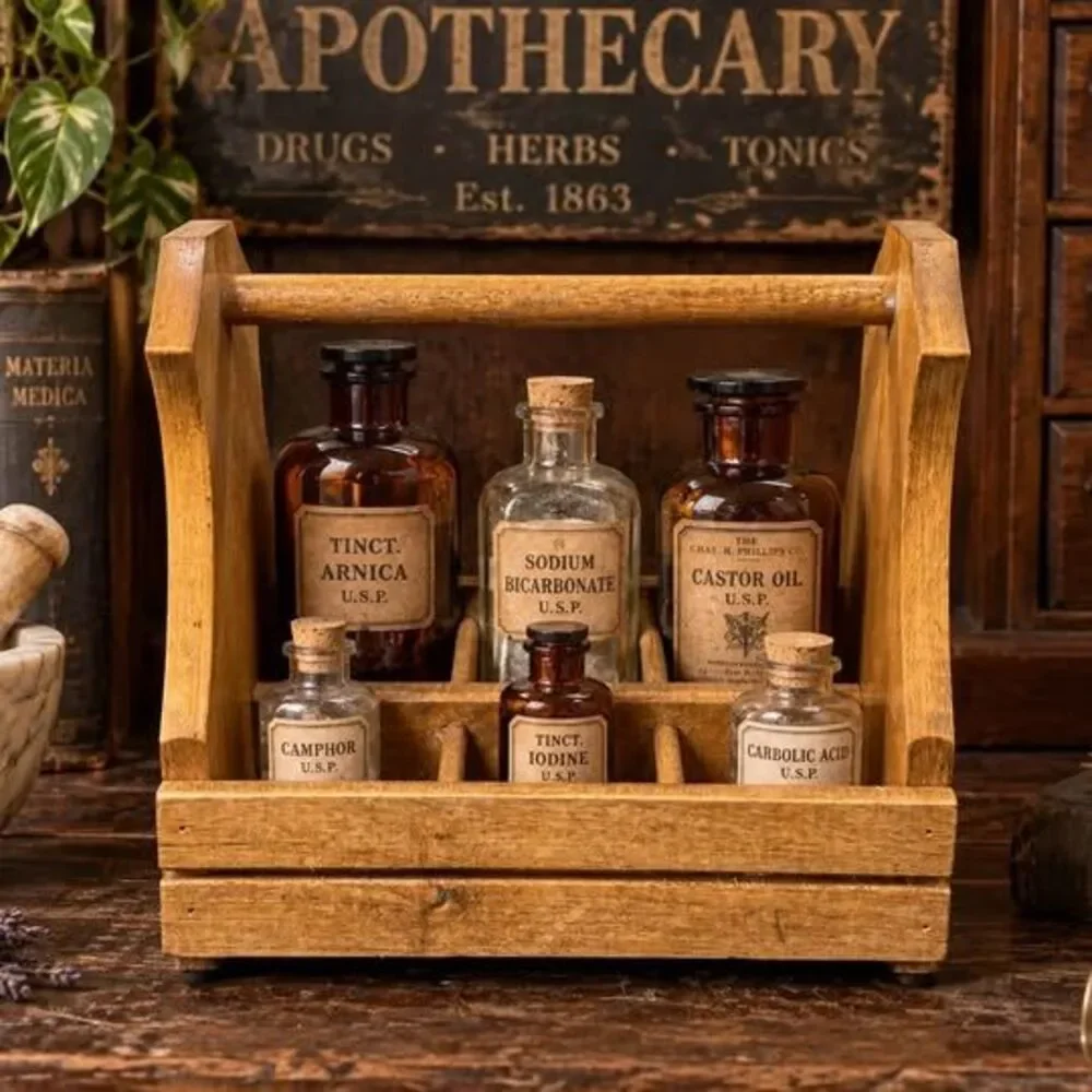 Vintage Wooden 6-Compartment Bottle Caddy
